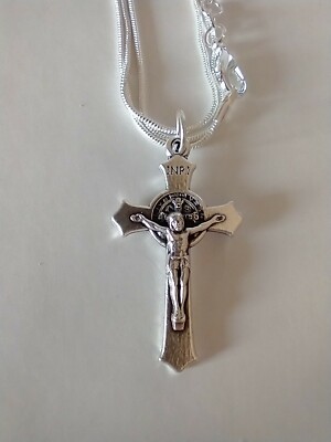 Catholic St Benedict Cross Medal Silver Plated 18'' Chain Necklace