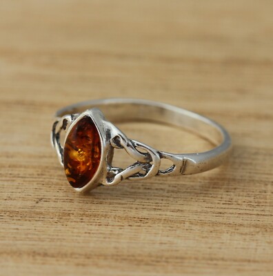 Cognac Ostsee Bernstein 925 Sterlingsilber keltisches Design Ring Schmuck Geschenkverpackung