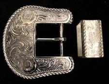 Antique Vintage 2 Piece Western Silver Tone Belt Buckle Set for 1" belt