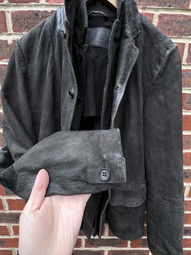 All Saints Mens SURVEY Leather Blazer Jacket XL Grey Brown Biker Bomber Suede - Picture 5 of 11