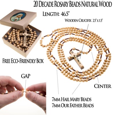 20 Decade Wood Rosary Strong Durable Cord For Men Women 7mm Bead 47'' Long
