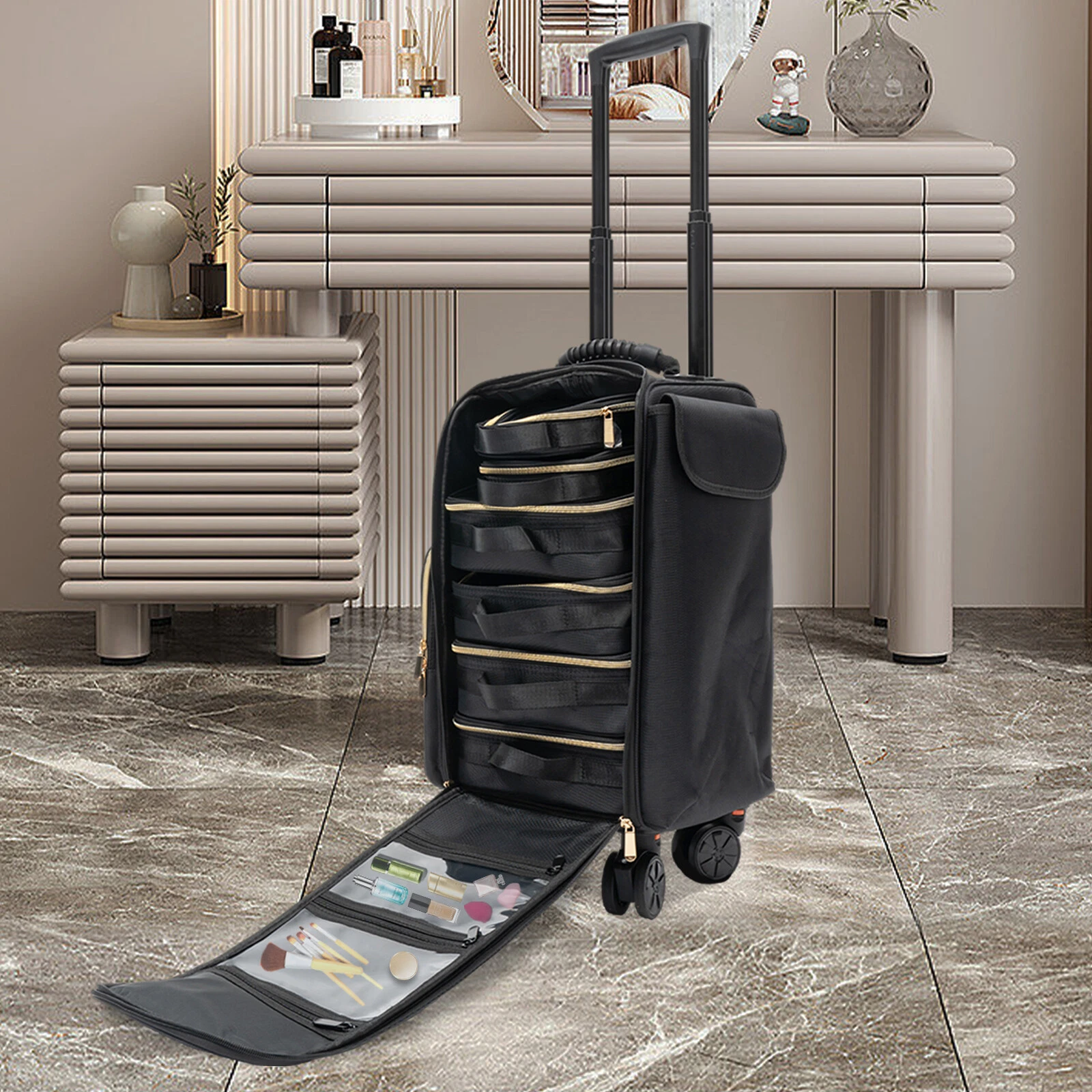 Professional Makeup Case,Rolling Makeup Train Case,Cosmetic Storage Organizer