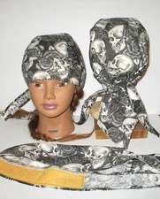 Durag Headwrap Biker Bandanna Sweatband Biker Chemo New Do rag Skull Black White