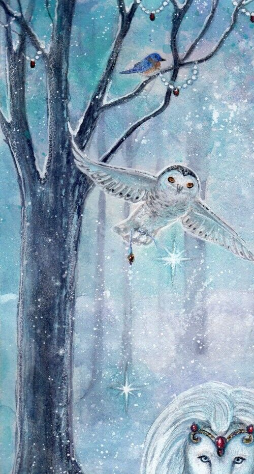 Original 12 x 16 white winter goddess white lion snowy owls