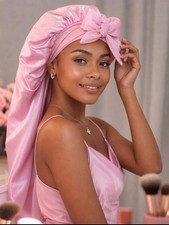 Pink Satin Bonnet for Women Extra Long Hair Sleep Cap with Bow Adjustable Night