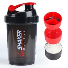 16oz Protein Shaker Bottle 3-Layer Twist Off Cups with Pill Tray Red BPA-Free