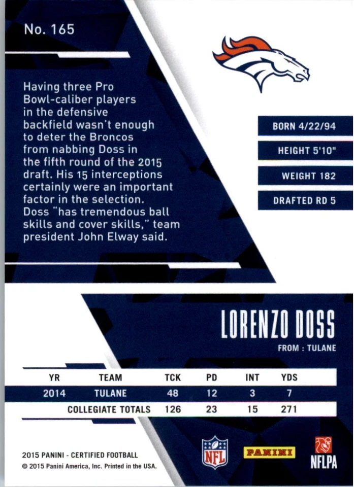 2015 Certified #165 Lorenzo Doss RC /999 - FB - Image 2 of 2