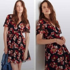 Madewell Dress Sz 10 Tulip-Sleeve Mini in French Rose BLACK Floral Dress