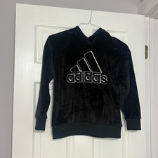 ADIDAS Hooded Fleece Pullover Girls L 14  Black Logo Hoodie Plush Polyester