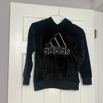 ADIDAS Hooded Fleece Pullover Girls L (14)  Black Logo Hoodie Plush