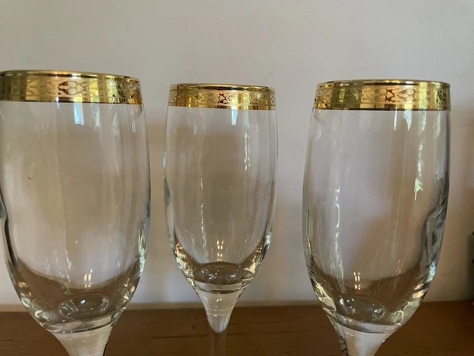 Vintage Set/3 Classique by Circleware Gold Rim Crystal Champagne Flutes 6.5 oz - Image 2 of 4
