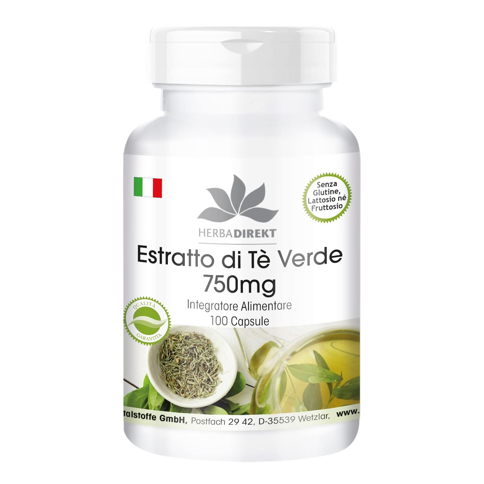 Estratto di tè verde 750 mg capsule 100 capsule polifenoli catechine EGCG