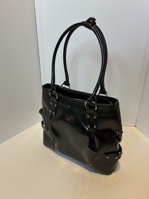 Beijo Black Patent Satchel Double Handles Studded Accents Zip Women's Bag