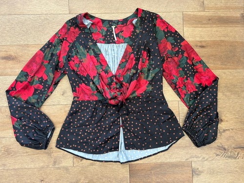 Free People Run Free Blouse Size L Dark Floral Balloon Sleeve Button Tie Front - Picture 4 of 14