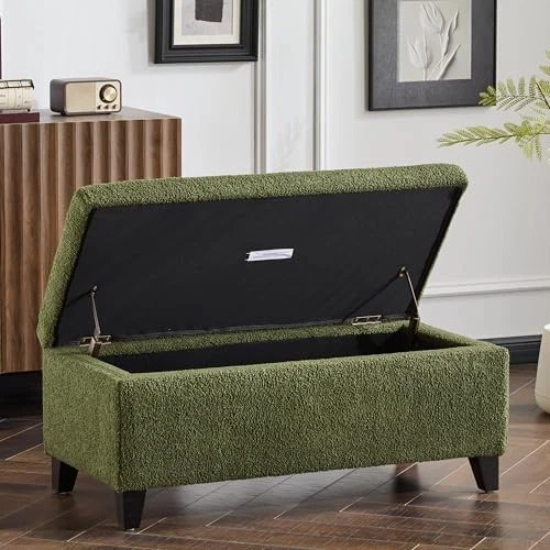  Otomana de almacenamiento Vayne Boucle, banco otomano rectangular, madera de abedul verde Foto 4 de 4