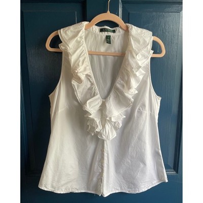 Lauren Ralph Lauren White Blouse 14 Ruffle V-Neck Sleeveless Cotton Top