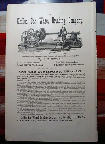 1881 Railroad Ad CHILLED CAR WHEEL GRINDING COMPANY Carson Nevada Machine Pictur