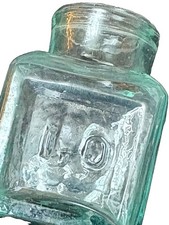 Antique Vintage Aqua Square Glass Ink Bottle with heavy rolled l&iacute;p. Very unusual