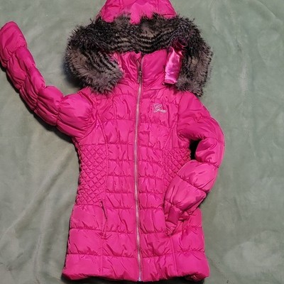 Guess Girls Pink Hooded Puffer Jacket Faux Fur Trim Size L (12/14)