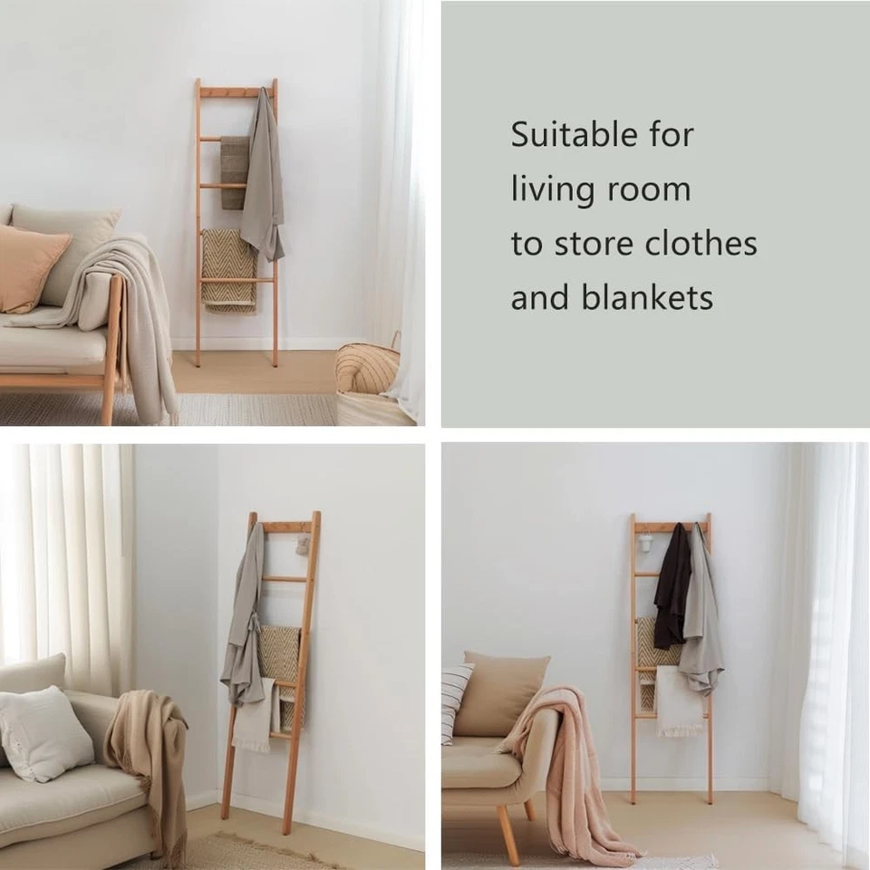 Manta escalera de madera de haya, soporte de edredón natural de granja de 5,3 pies con ganchos superiores, Foto 4 de 4