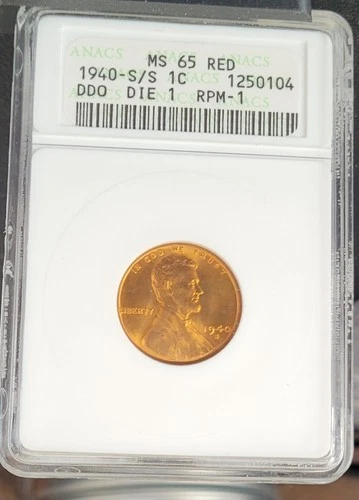 1940 S/S  Lincoln Cent DDO Die 1  RPM-1  MS65 RED  ANACS Old Soapbox Holder