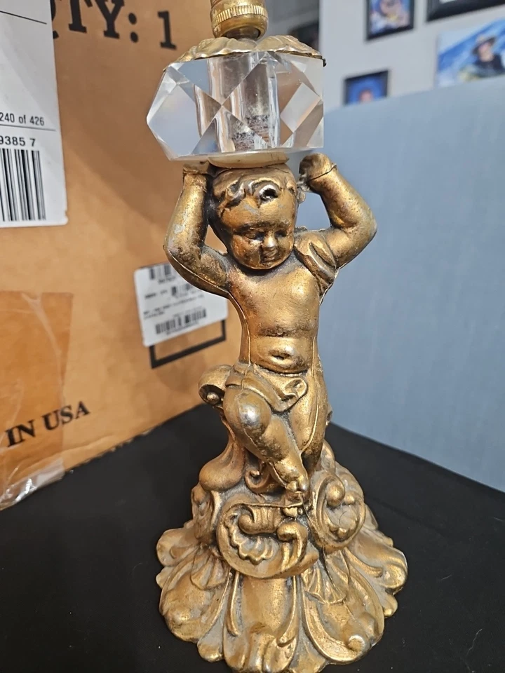 Vintage Cherub Vanity Mirror Hollywood Regency Gilt Gold with Glass Crystal - Image 3 of 3