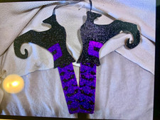 Black  Purple Glitter Witch Legs Halloween Yard Stake Figurine Decoration
