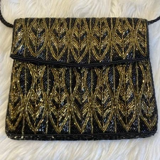 VTG Magid Small Black & Gold Beaded Sequin Evening Bag Holiday Party Purse Read!