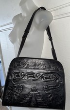 Vintage 1970s hand tooled Mexican Black leather Mayan Warrior shoulder bag purse