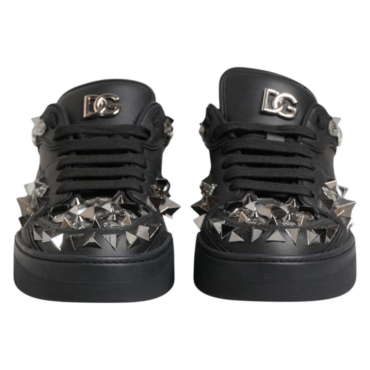 DOLCE & GABBANA Shoes Black Leather Studded Low Top Sneakers EU41