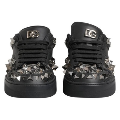 DOLCE & GABBANA Shoes Black Leather Studded Low Top Sneakers EU41