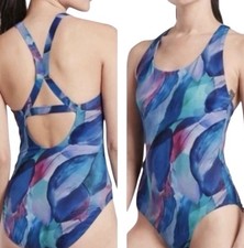 Athleta Swimsuit One Piece Malibu Low Back Racerback Beach Blue Swirl Medium