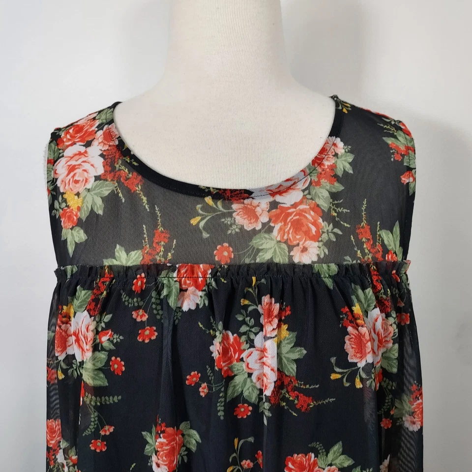 Camisa Top Floral Romántica Boobie Brooks Superposición de Malla Transparente Elastizada Mujeres Plus 1X Foto 3 de 4