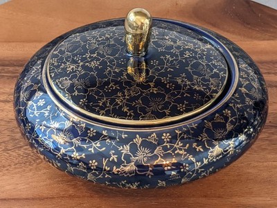 Mayer Wiesau 1840 Bavaria Echt Kobalt 24K Gold Floral Lidded Trinket, Candy Bowl