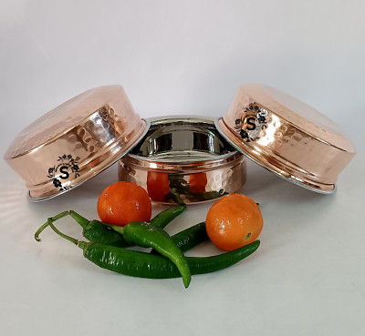 Copper Bowl Handi for Serving Dishes Kitchenware and Tableware 500 ML, Pack of 3