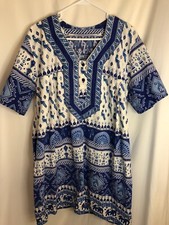 Vintage Moo moo coverup Dress cotton blue India print sz L pockets Lounge Boho