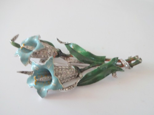 Broche Mark Crown Trifari con clip de piel estrás flores azules RARO - Imagen 11 de 12