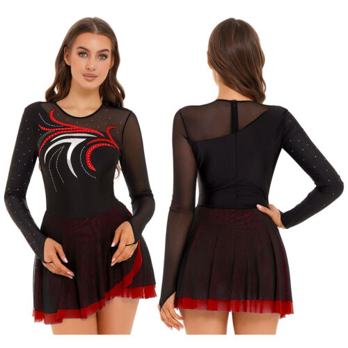 Womens Shiny Long Sleeve Leotard Dress Figure Ice Skating Ballet Dance Dress - Picture 19 of 52