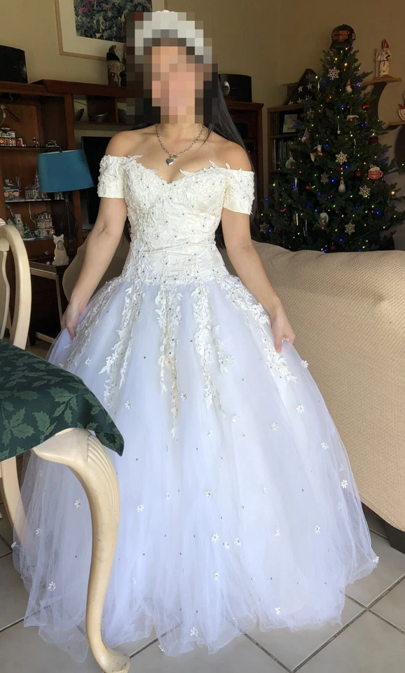 Vestido de novia bola de nieve hombro descubierto vintage años 90 tul con apliques florales 4-6 Foto 4 de 4