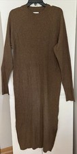 The Drop Ribbed Midi Dress Long Sleeves Mocked Neck Pullover LARGE Brown