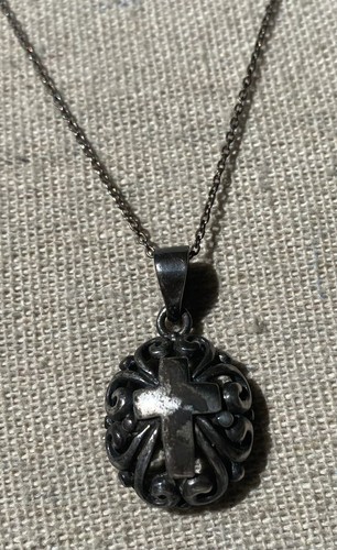 925 Scroll Work Filigree Cross Pendant Oval Rolo Link Chain 16” Bali Style - Picture 2 of 6