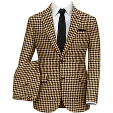 Brown Houndstooth Men Suit Tweed Tuxedo Prom Business Casual Groom Wedding
