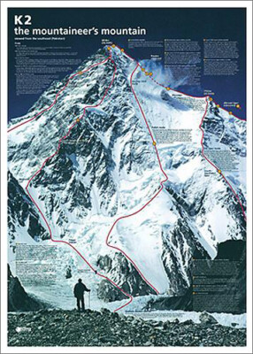 K2 THE MOUNTAINEER'S MOUNTAIN Spectacular Climbing Map 27x39 Wall Chart Poster