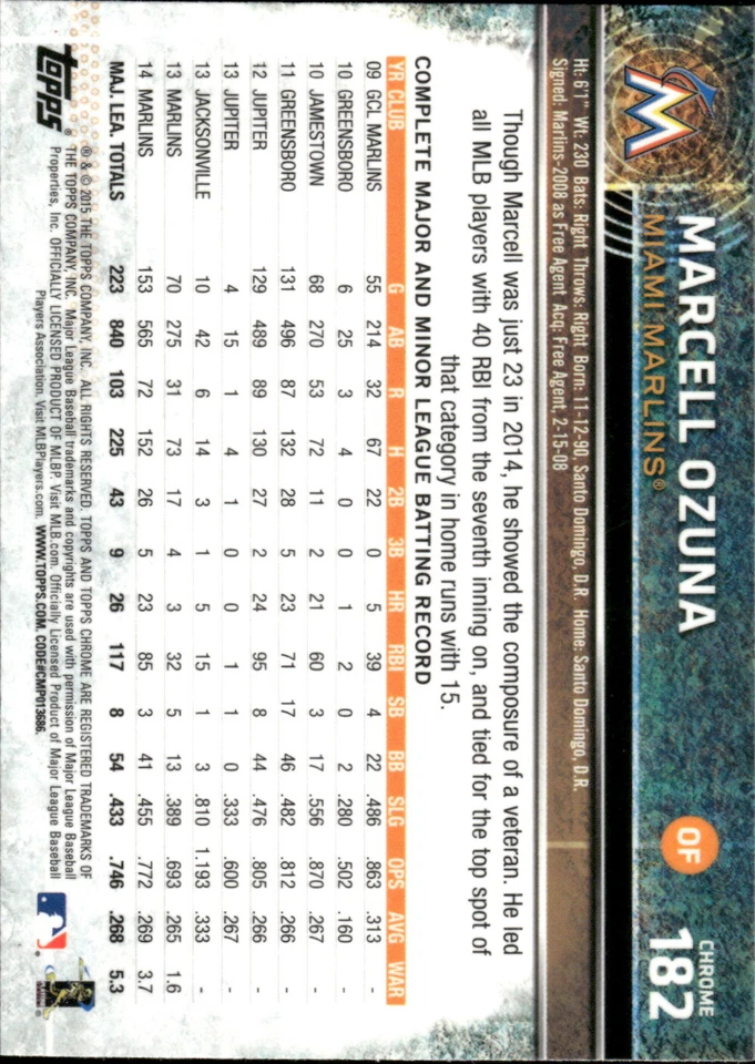 2015 Topps Chrome Marcell Ozuna Sepia Refractor #182 - Image 2 of 2