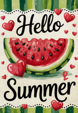Hello Summer Watermelon and Hearts Burlap Garden Flag 12" x 18"