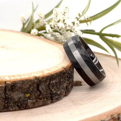 8mm Black Tungsten Christmas Ring For Him Brushed Hammered Silver Strip Band