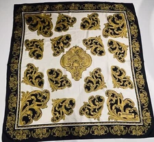 PRETTY!RODIER PARIS BLACK WHITE&GOLD FLEUR DE LIS GARLAND PRINT SILK TWILL SCARF