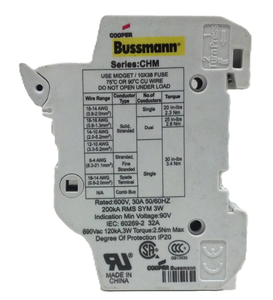 Cooper Bussmann CHM1DIU 30 A 600 V 10X38 Midget Fuse Holder w/ Indicator Light - Image 2 of 4