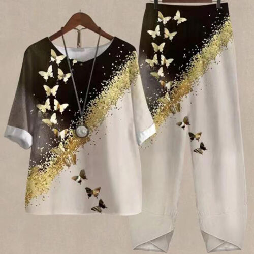 Ladies Cotton Linen Five Sleeve Printed Blouse Pants Two Piece Suit - Picture 2 of 44