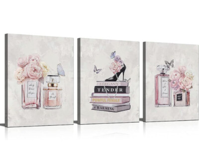 Fashion Women Canvas Wall Art Pink Flower Perfume Modern Art 3 Prints ...